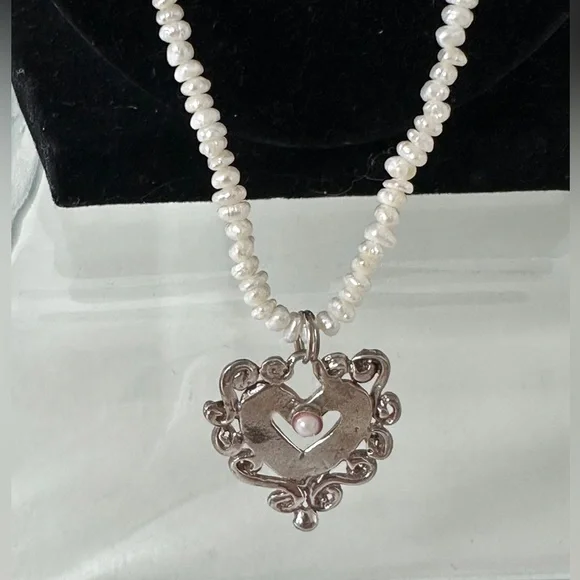 Genuine Biwi Pearl Necklace & Sterling Silver Heart Pendant White 24